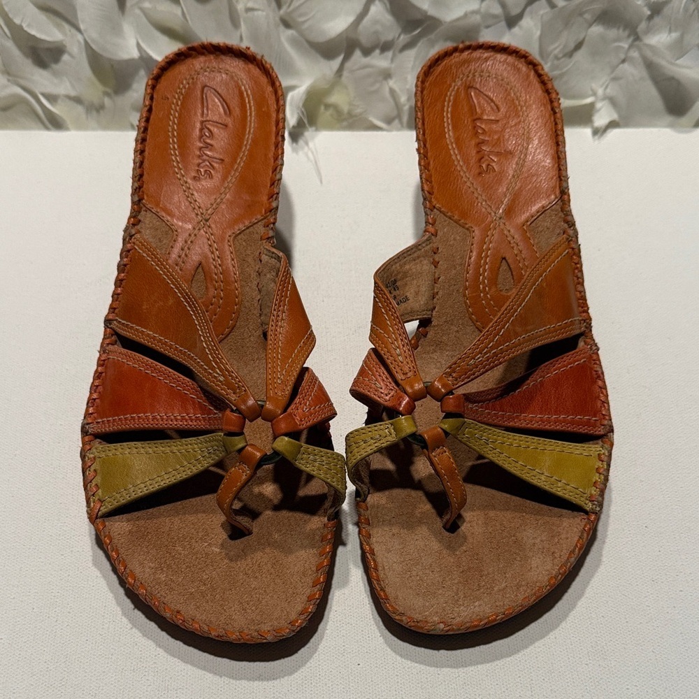 Clarks Brown Leather Multi-Strip Slide Sandals with Olive Accents